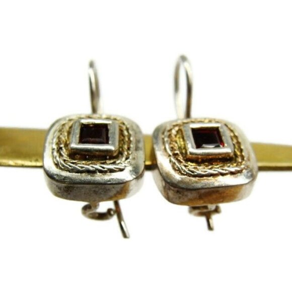 925 Square Amethyst Earrings Hoop Clasp Sterling Silver Vintage Patina - Picture 6 of 6